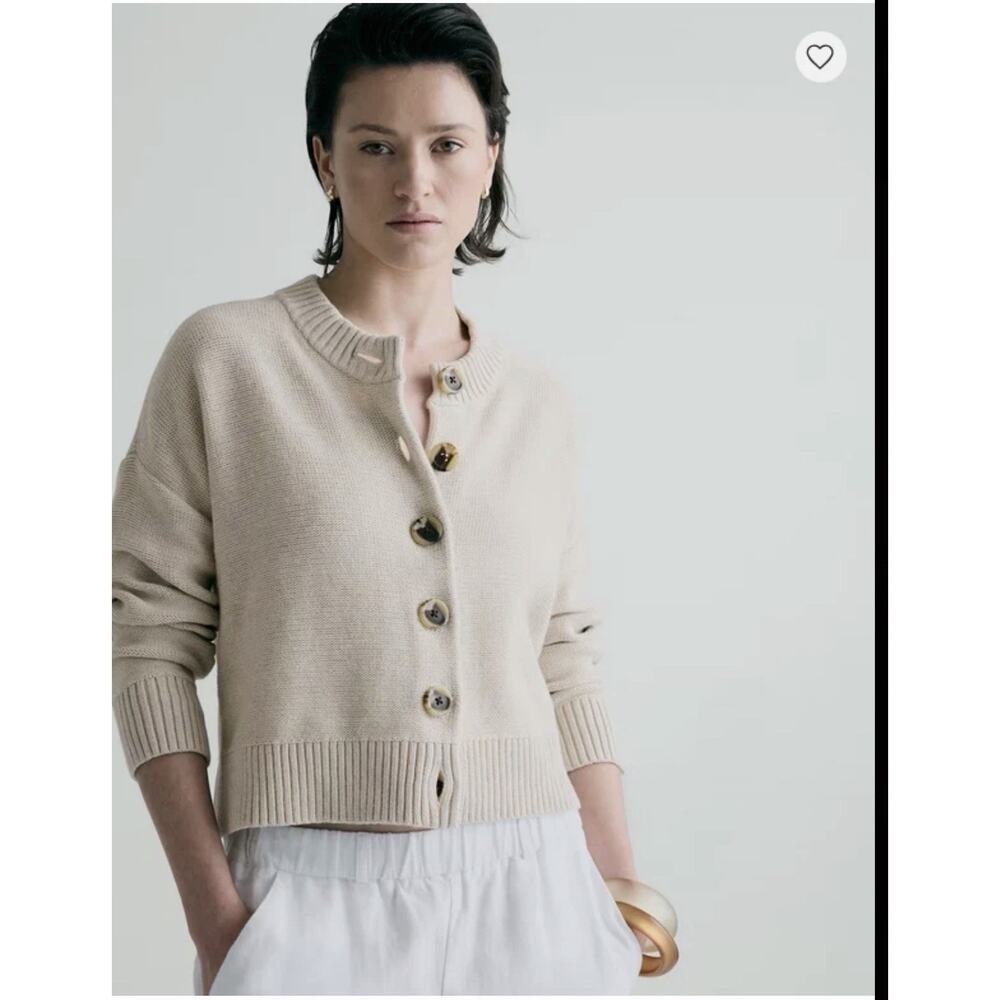QUINCE Speckled Beige 100% ORGANIC COTTON Cropped CARDIGAN Sz S Minimalist Prepp - Picture 3 of 15